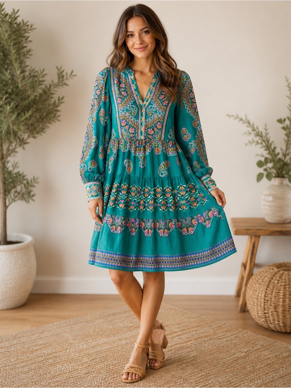 HALEBOB Teal Boho Paisley Tiered Beautiful Summer Long Sleeve Colorful Dress S